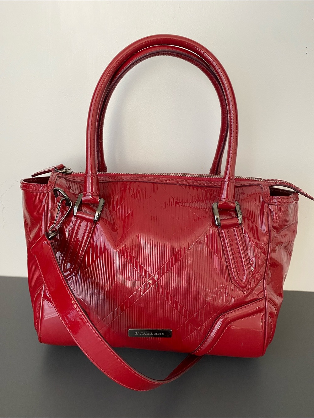 Burberry Check Embossed Patent Leather Satchel Bag Red Shoulder Strap Designer